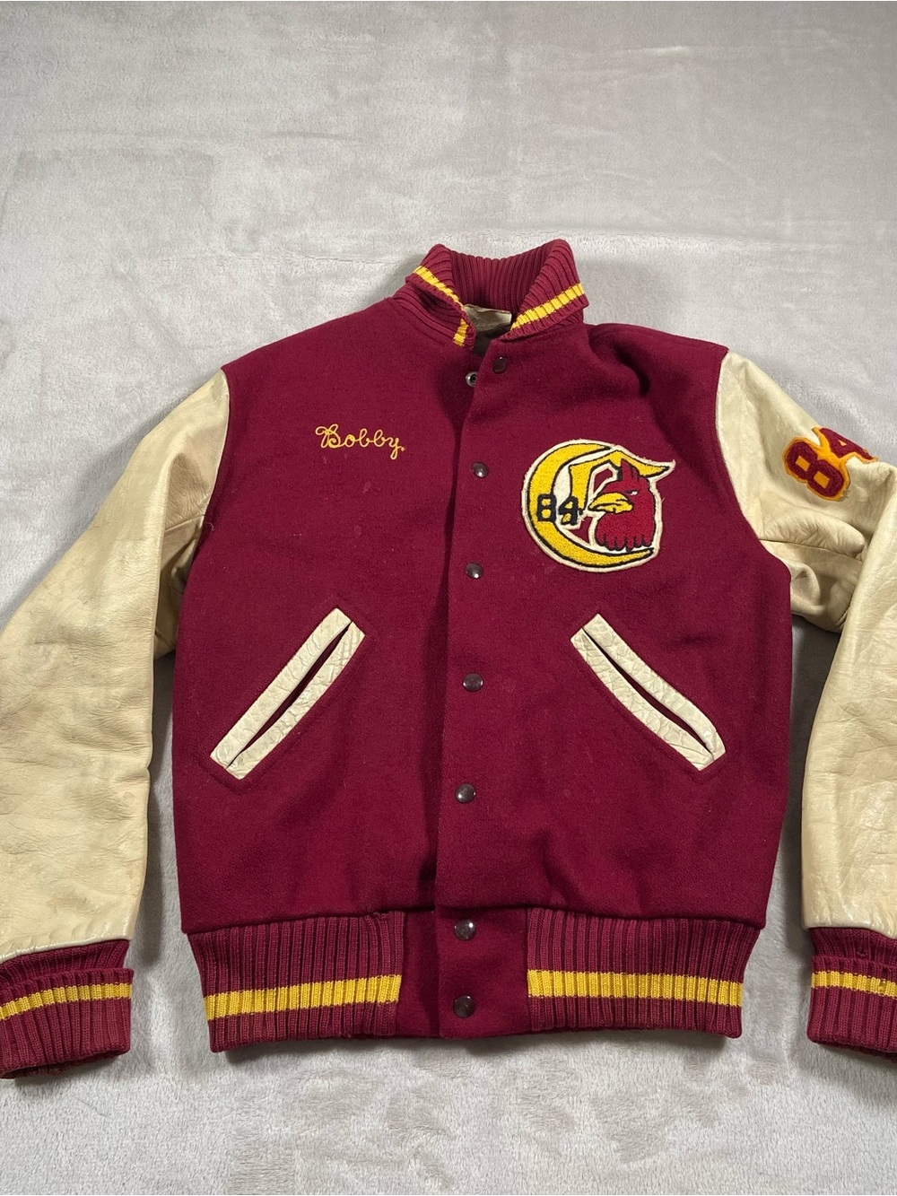 Vintage Varsity Jacket Maroon Wool And Cream Leather Sleeves 1984 Cantwell